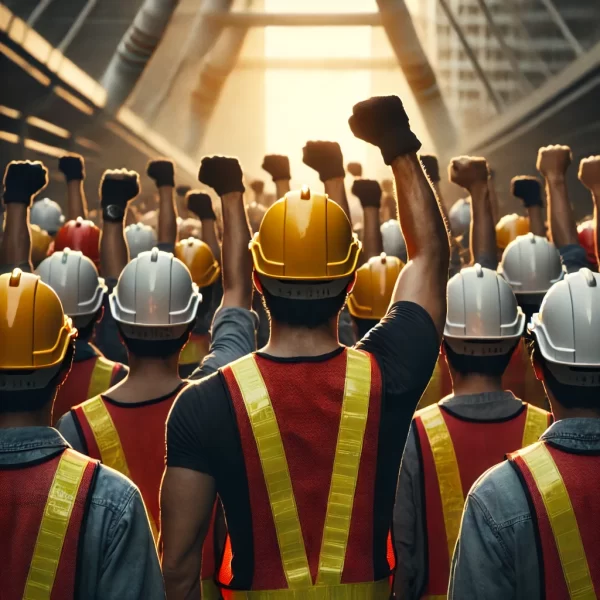 Grupo de trabalhadores de costas para o observador. Eles usam capacetes de segurança (EPI) e têm o punho direito levantado num gesto de resistência e solidariedade. contabilidade em curitiba / O que São Sindicatos e Como Eles Afetam uma Empresa